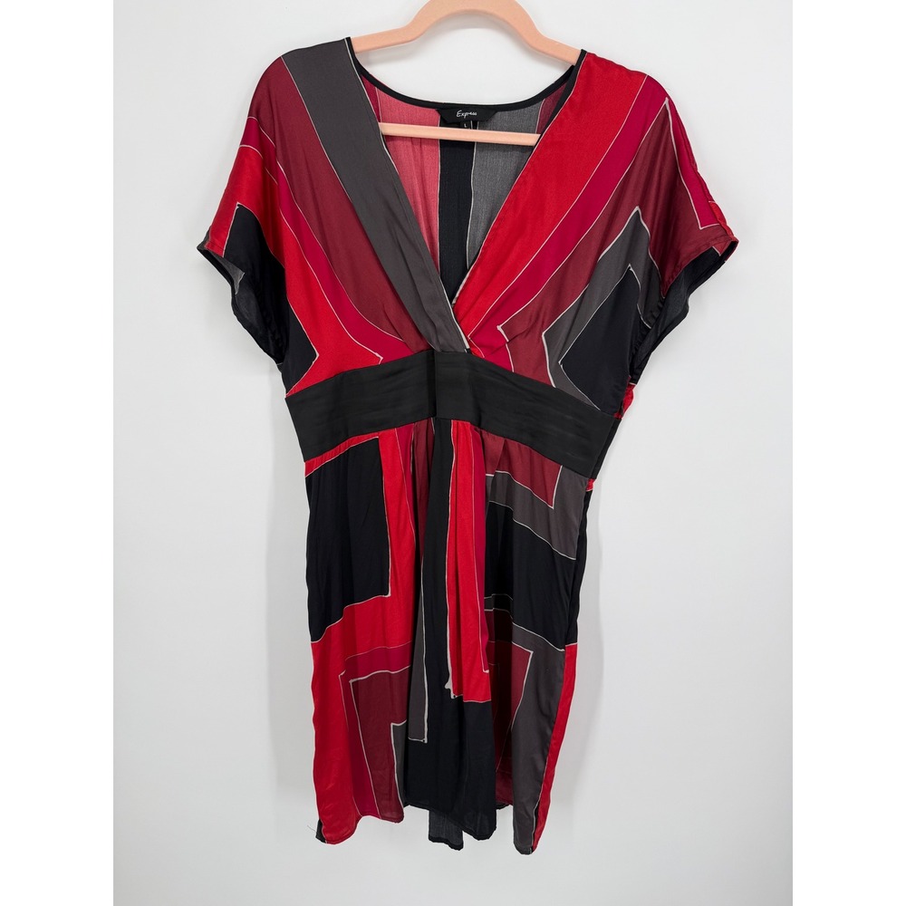Vintage Express Dress Women Large Red Black Geometric Silk Blend Empire Waist